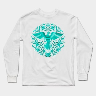 Flying Bird - Mexican Otomí Stamp Design in Turquoise Shades by Akbaly Long Sleeve T-Shirt